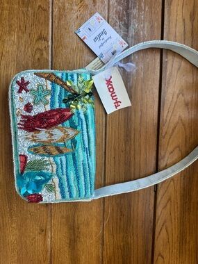 T.J.Maxx beaded bag surf board  Turquoise Multi Beaded Beach Scene Crossbody Bag